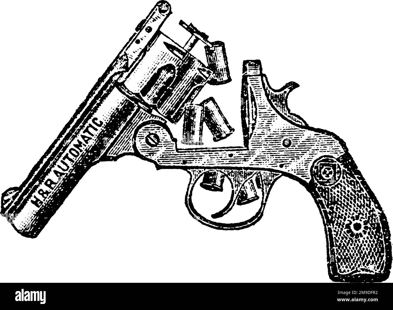 38-Caliber automatico Harrington e Richardson Open Revolver con contenitori a proiettile, incisione vintage. Vecchia illustrazione incisa di Harrington e Ric Illustrazione Vettoriale