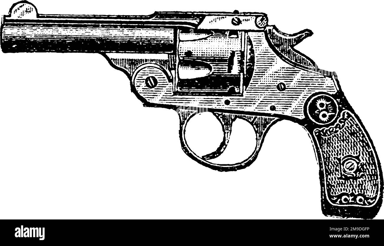 32-Caliber 'Hammer The Hammer' Revolver, Iver Johnson Revolver, incisione d'epoca. Vecchia illustrazione incisa di un Iver Johnson Revolver isolato su un Illustrazione Vettoriale
