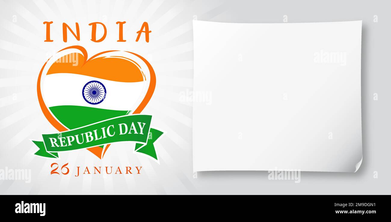 Republic Day of India modello di invito del 26 gennaio. 3D foglio di carta vuoto, disegno vuoto. Icona cuore. Concetto di biglietto d'auguri. Illustrazione Vettoriale