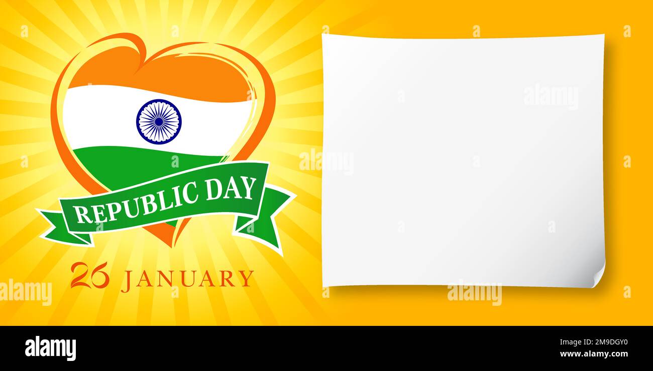 Republic Day of India modello di invito del 26 gennaio. 3D foglio di carta vuoto, disegno vuoto. Icona cuore. Concetto di biglietto d'auguri. Illustrazione Vettoriale