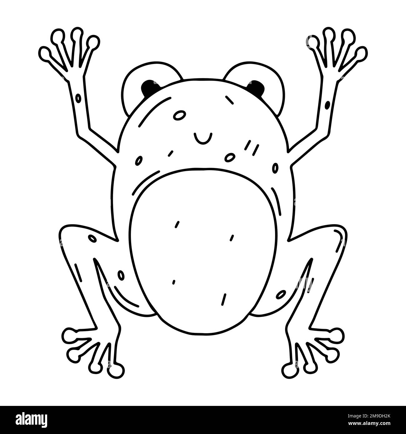 Rana divertente in stile doodle disegnato a mano. Animale carino. Attività della pagina di colorazione. Isolato su sfondo bianco Illustrazione Vettoriale