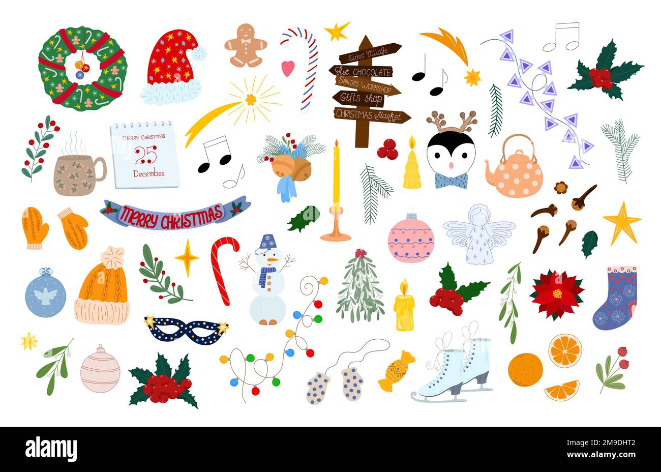Natale elementi colorati set agrifoglio pianta, pattini, pupazzo di neve, candela, arancione, stelle, ghirland, decorazione in semplice stile cartoon per le vacanze invernali biglietto di auguri, invito, banner, decorazione, adesivi Illustrazione Vettoriale