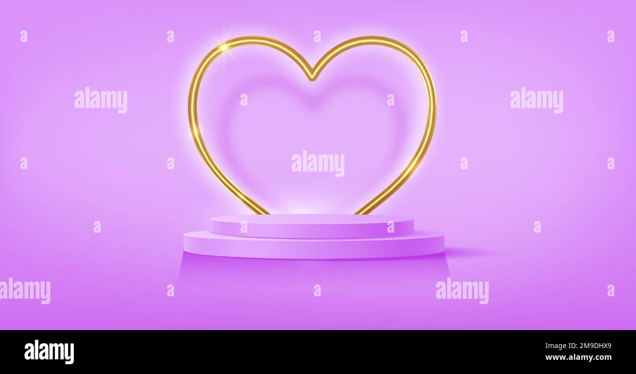 Palco decorato con illuminazione a forma di cuore dorato. Scena piedistallo con per prodotti, pubblicità, spettacolo, cerimonia di premiazione, su sfondo rosa Illustrazione Vettoriale
