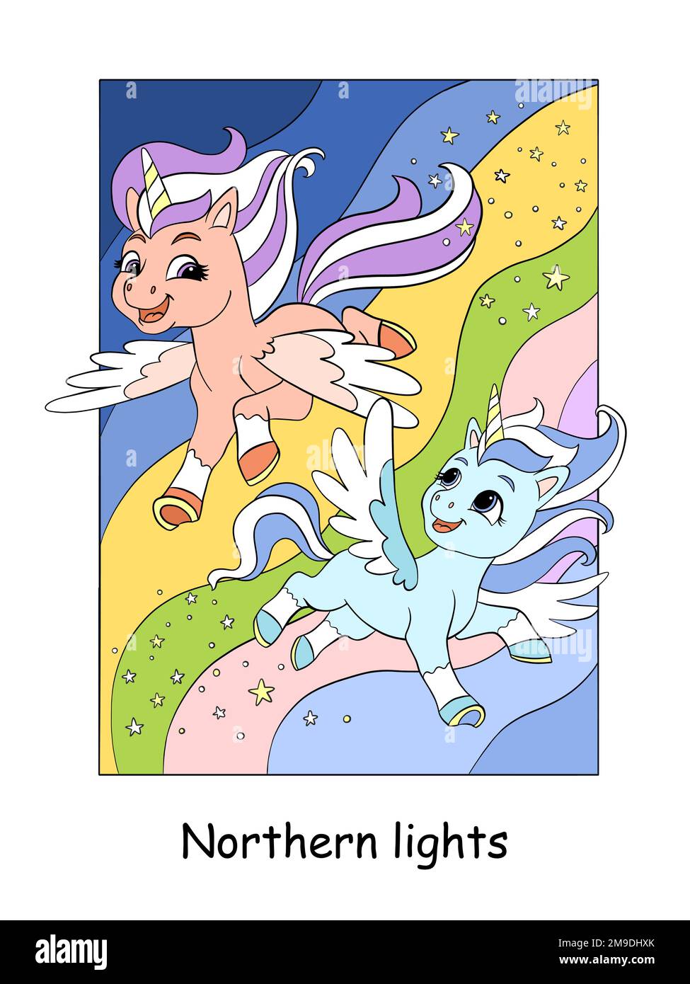 Gemelli di unicorno carini che volano nel cielo. Illustrazione dei cartoni animati a colori vettoriali in stile bambino isolato su sfondo bianco. Per design, stampe, poster, s Illustrazione Vettoriale