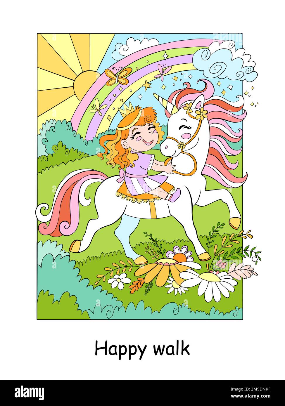 Carino principessa cavalca un unicorno in un prato di fiori. Illustrazione dei cartoni animati a colori vettoriali in stile bambino isolato su sfondo bianco. Per la progettazione, Illustrazione Vettoriale