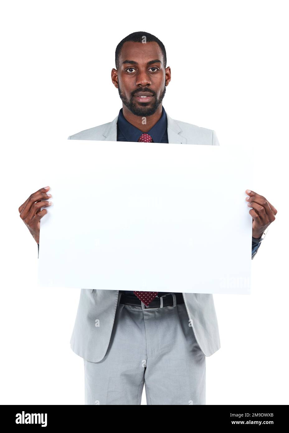 Ritratto, imprenditore o poster di carta per lo spazio di marketing, la pubblicità mockup o la promozione mock up. Lavoratore aziendale, banner o cartello con cartellone vuoto Foto Stock