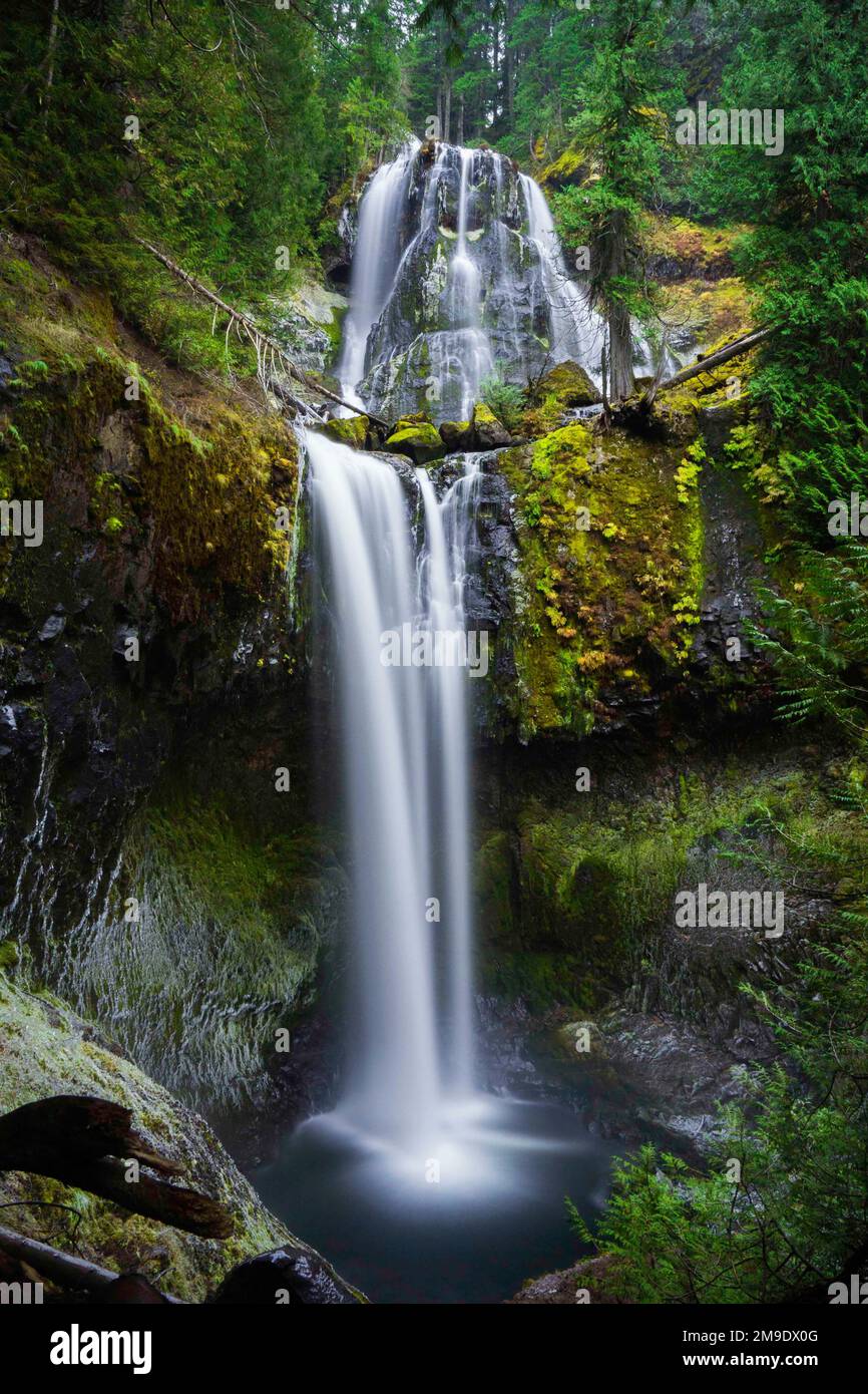Foto a lunga esposizione delle cascate Falls Creek durante la caduta a Central Gorge, Washington Foto Stock