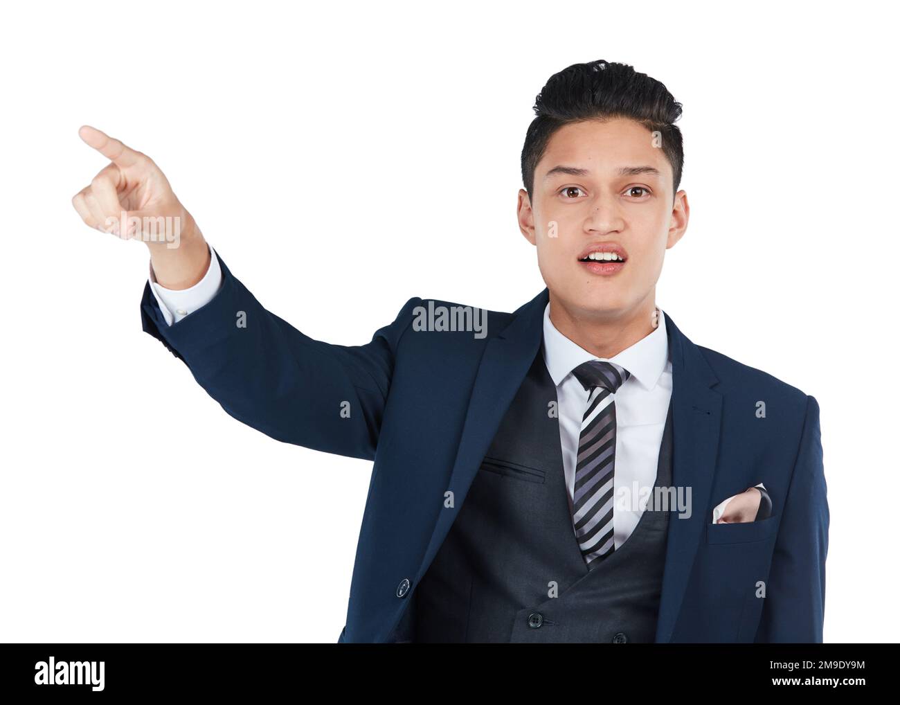 Ritratto di uomo d'affari, curioso o puntando su sfondo bianco isolato, spazio di marketing o corporate pubblicità mockup. Cosa, domanda o confusione Foto Stock