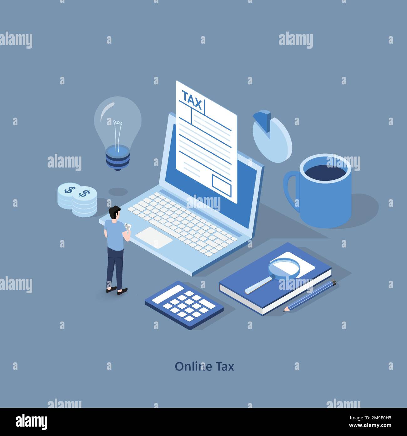 Concetto di illustrazione del vettore di pagamento fiscale online isometrico, persone che compilano il modulo fiscale, le persone presentano l'imposta digitale via il sito web, può utilizzare per, landing page, Illustrazione Vettoriale