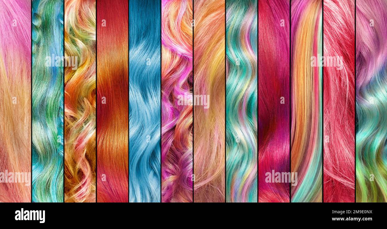 Collage della tavolozza dei colori dei capelli. Set di colori per capelli.  Tinte. Campioni di colore dei capelli colorati Foto stock - Alamy