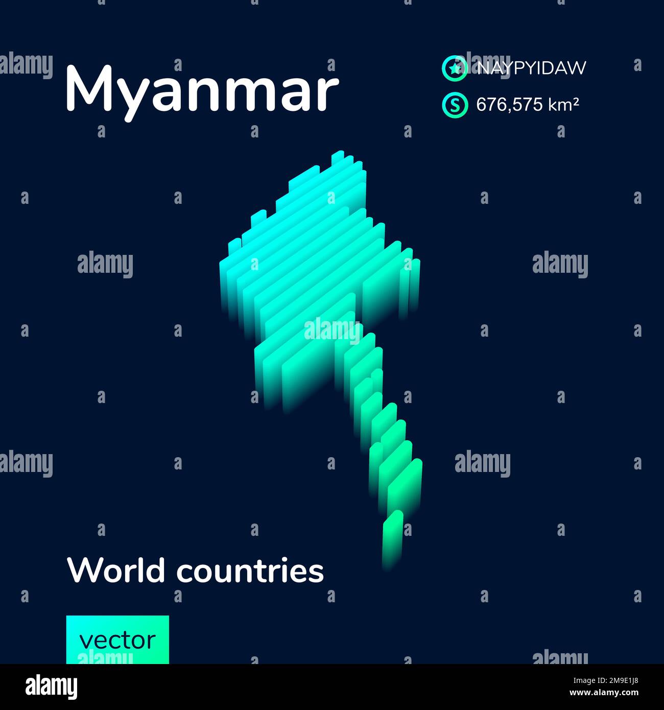 3D Mappa di Myanmar. Mappa vettoriale a righe isometriche al neon stilizzate in turchese e colori menta Illustrazione Vettoriale