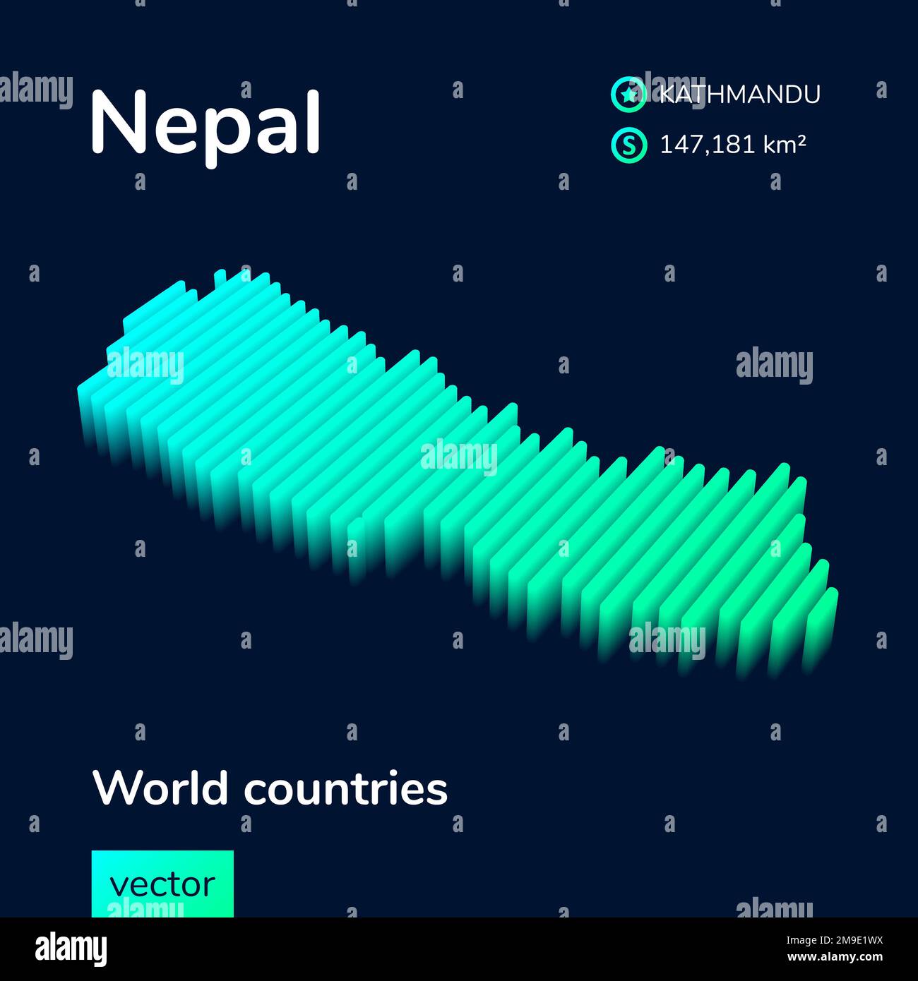 Mappa del Nepal 3D. Mappa vettoriale a righe al neon isometrica stilizzata nei colori verde e menta Illustrazione Vettoriale