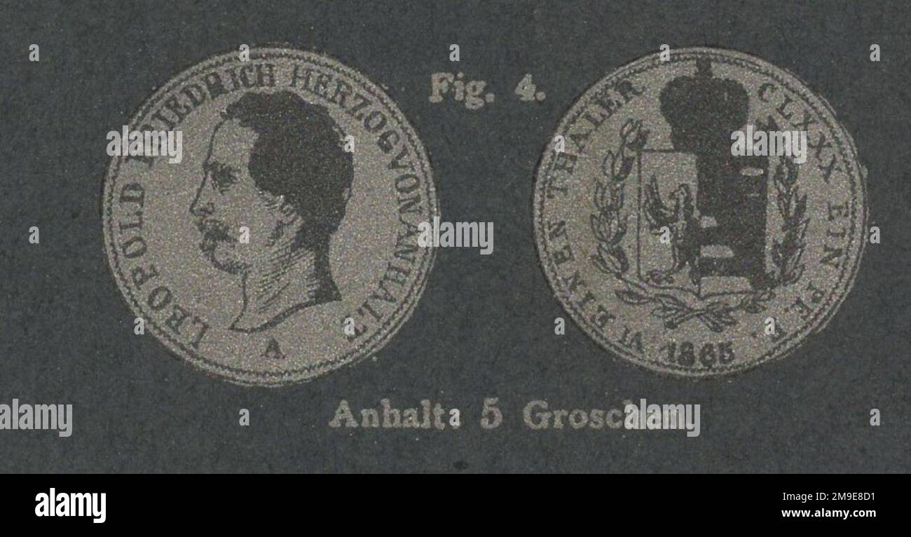 Antico 19th ° secolo germania numismatica catalogo a monete illustrato con interessanti tecniche di stampa / monete antiche / moneta d'epoca / Antiker numismatischer illustratore Katalog aus dem 19. Jahrhundert mit interessanter Drucktechnik : Anhalt 5 groschen / Thaler / 1865 / Anhalt-Dessau, Leopold Friedrich, 1817-1871, 1/6 Taler 1865 A. Foto Stock