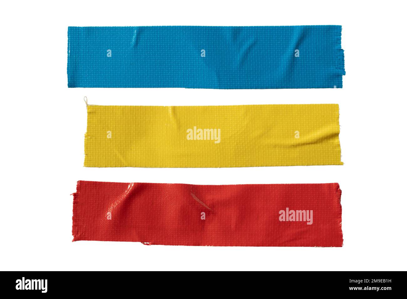 Nastro in tessuto blu, giallo e rosso su sfondo bianco con percorso di ritaglio Foto Stock