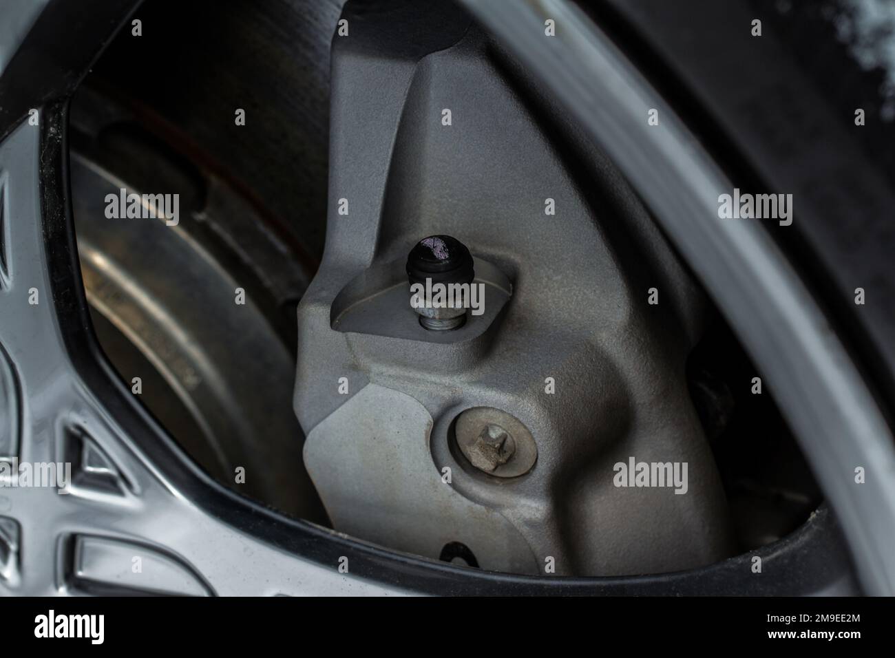 Valvole di spurgo freni per auto. Bullone di spurgo sulle moderne pinze dei freni per auto e sul rotore del freno a disco. Foto Stock