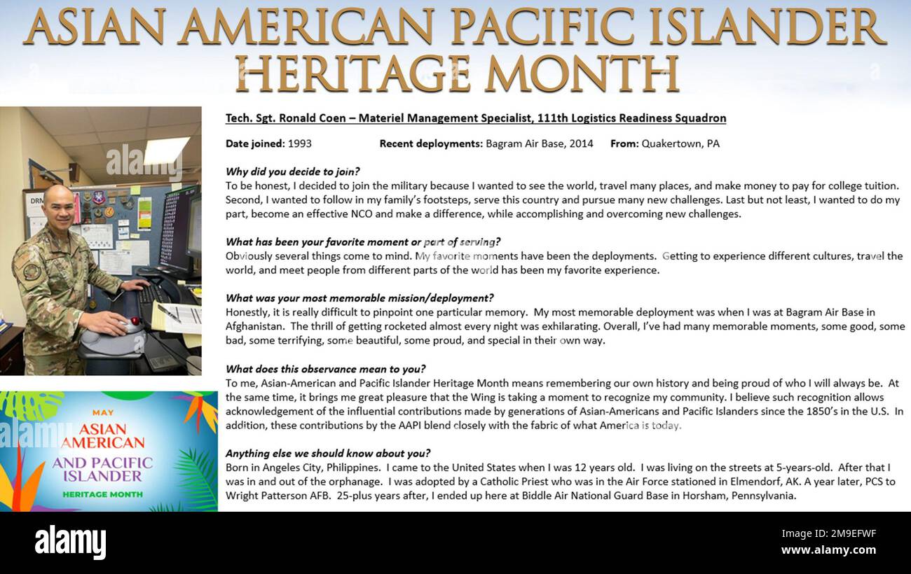STATI UNITI Air National Guard Tech. Ronald Coen, specialista di gestione di Materiel assegnato al 111th Logistics Readiness Squadron qui, si pone per una foto durante il mese del patrimonio delle isole del Pacifico asiatico presso la base della guardia nazionale Biddle Air di Horsham, Pennsylvania. Coen ha una storia unica in quanto è nato a Angeles City, Filippine ed è venuto negli Stati Uniti quando aveva 12 anni dopo essere stato adottato da un orfanotrofio. Foto Stock