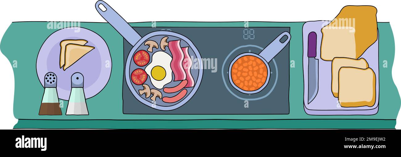 Cucina americana completa con colazione inglese fritta Illustrazione Vettoriale