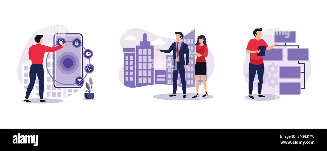 Sviluppo software. Interfaccia intelligente, visualizzazione interattiva dei progetti, architettura delle informazioni, ingegneria dell'usabilità. impostare piatto vettore moderno Illustrazione Vettoriale