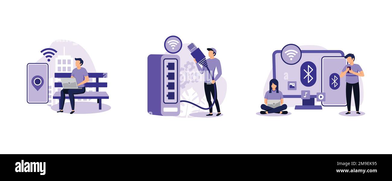 Trasferimento dei dati. Hotspot wi-fi pubblico, tecnologia ethernet, connessione di dispositivi wireless, infrastruttura Web, rete di computer. impostare piatto vettore moderno ill Illustrazione Vettoriale Trasferimento dei dati. Hotspot wi-fi pubblico, tecnologia ethernet, connessione di dispositivi wireless, infrastruttura Web, rete di computer. impostare piatto vettore moderno ill Illustrazione Vettoriale