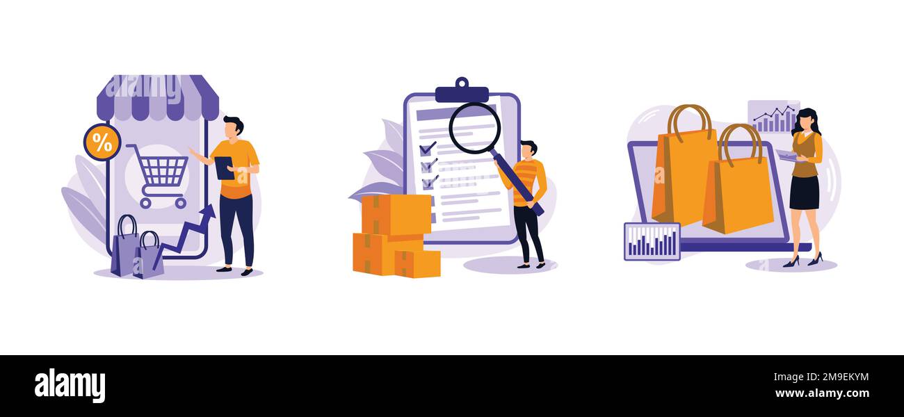 Soddisfazione del cliente. Società dei consumatori, qualità dei prodotti, studi di ricerca di mercato, app retail, abitudini dei clienti e ricerca sulle esigenze. impostare la moder vettoriale piatta Illustrazione Vettoriale