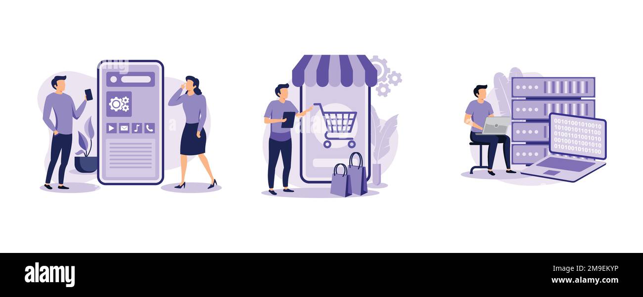 Software commerciale. Sviluppo di applicazioni mobili, app e-commerce, software di gestione dei big data, interfaccia utente e progettazione UX. impostare il vettore piatto moderno illustrratio Illustrazione Vettoriale