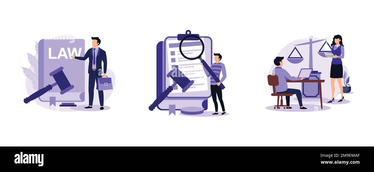 Studio legale. Supporto alle controversie, ricerca giuridica, servizi paralegali, contabilità forense, consulenza, raccolta dei dati. impostare il vettore piatto moderno illustrratio Illustrazione Vettoriale