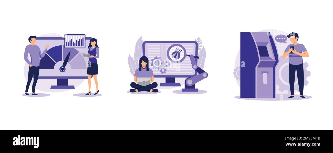 Implementazione del software . Test di benchmark e automazione, sistema di accodamento elettronico, prestazioni dei prodotti, generatore di ticket. set piatto vettore moderno i Illustrazione Vettoriale