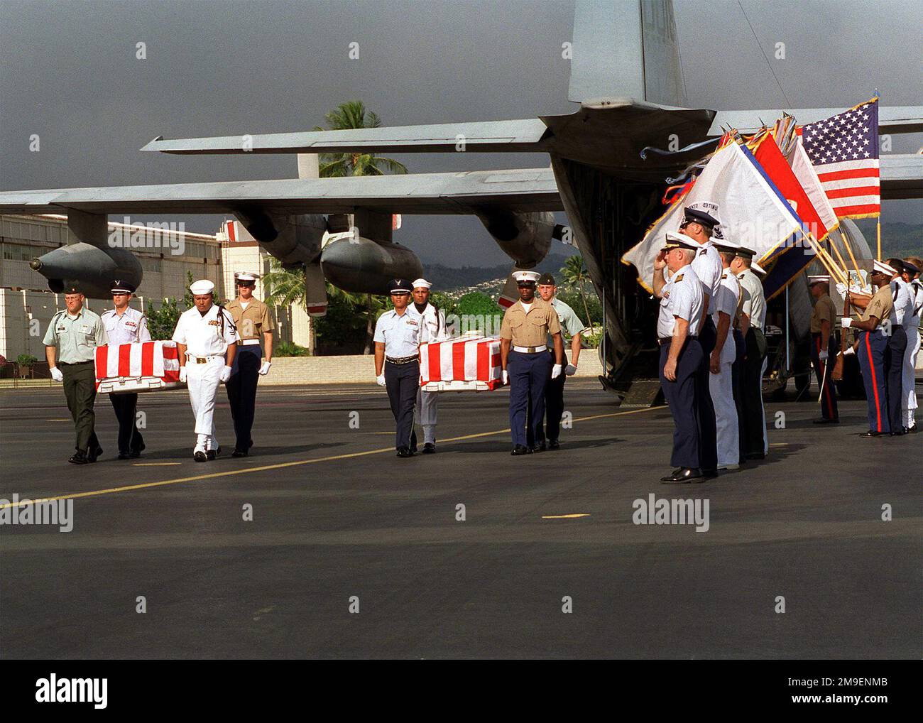 Sulla December17, 1999, alla base dell'aeronautica militare di Hickam. Hawaii, si è tenuta una cerimonia di rimpatrio. I membri della Guardia d'onore, provenienti da tutti i rami militari, trasportano gli Stati Uniti caduti Marines dalla seconda guerra mondiale fuori l'entrata posteriore di un aereo di carico dell'aeronautica americana C-130 Hercules e attraverso la linea di volo di Hickam con gli onori militari pieni. Base: Hickam Air Force base Stato: Hawaii (HI) Paese: Stati Uniti d'America (USA) Foto Stock