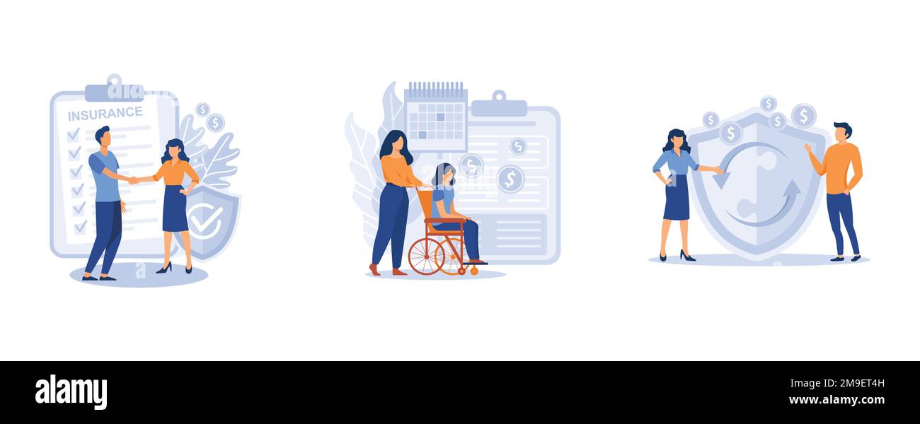 Assicurazione di rischio. Broker assicurativo, prestazioni sociali e peer-to-peer retribuite, rischio di emergenza, disoccupazione e perdita di reddito. impostare piatto vettore moderno illustrat Illustrazione Vettoriale