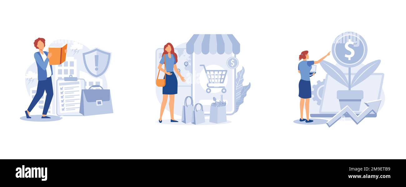 Strategia anti-crisi. Business continuity, disaster recovery, consumo interno, business sostenibile, economia. set piatto vettore moderno illustrati Illustrazione Vettoriale