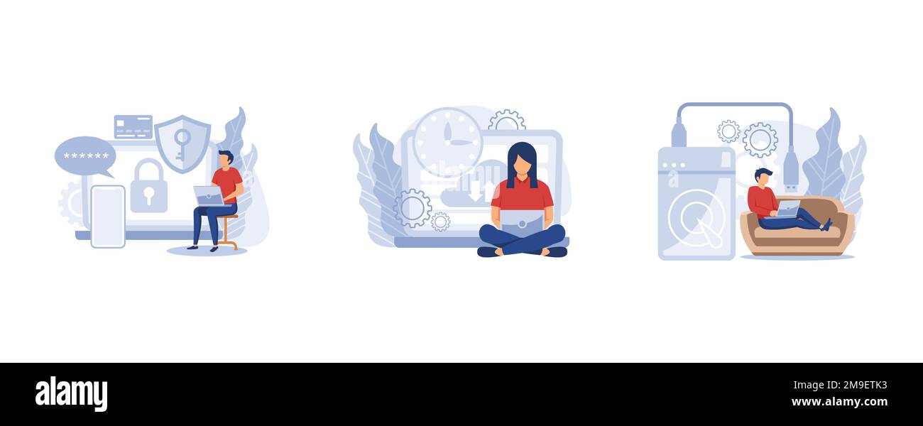 Protezione e recupero dei dati. Software di sicurezza informatica, backup automatico, disco rigido esterno, sincronizzazione del telefono cellulare. impostare piatto vettore moderno ill Illustrazione Vettoriale