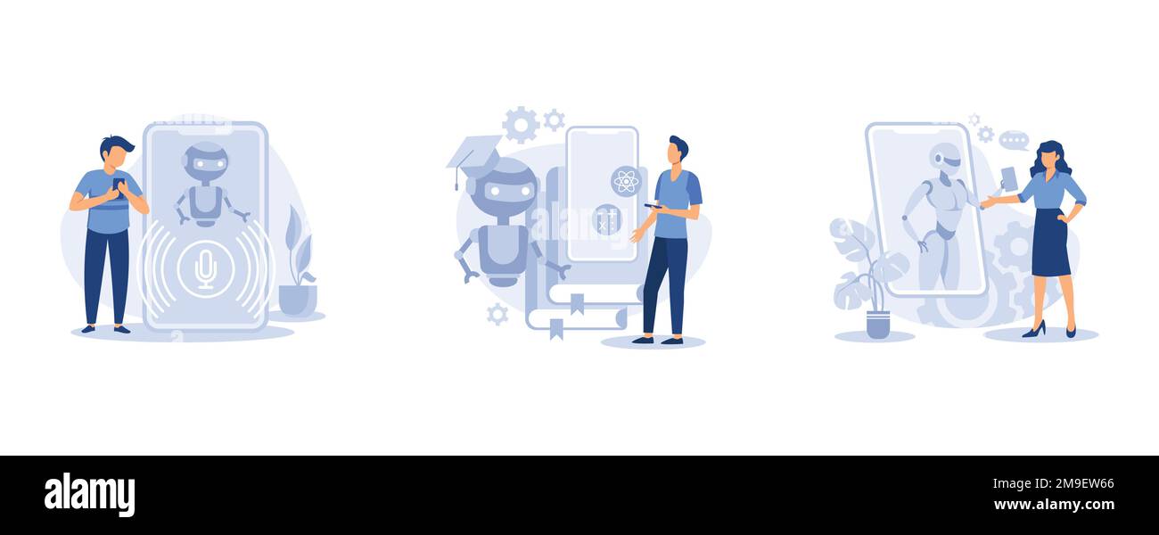 Applicazione vocale per smartphone. Assistente virtuale con controllo vocale chatbot, autoapprendimento automatico e servizio clienti. impostare piatto vettore moderno illustrat Illustrazione Vettoriale