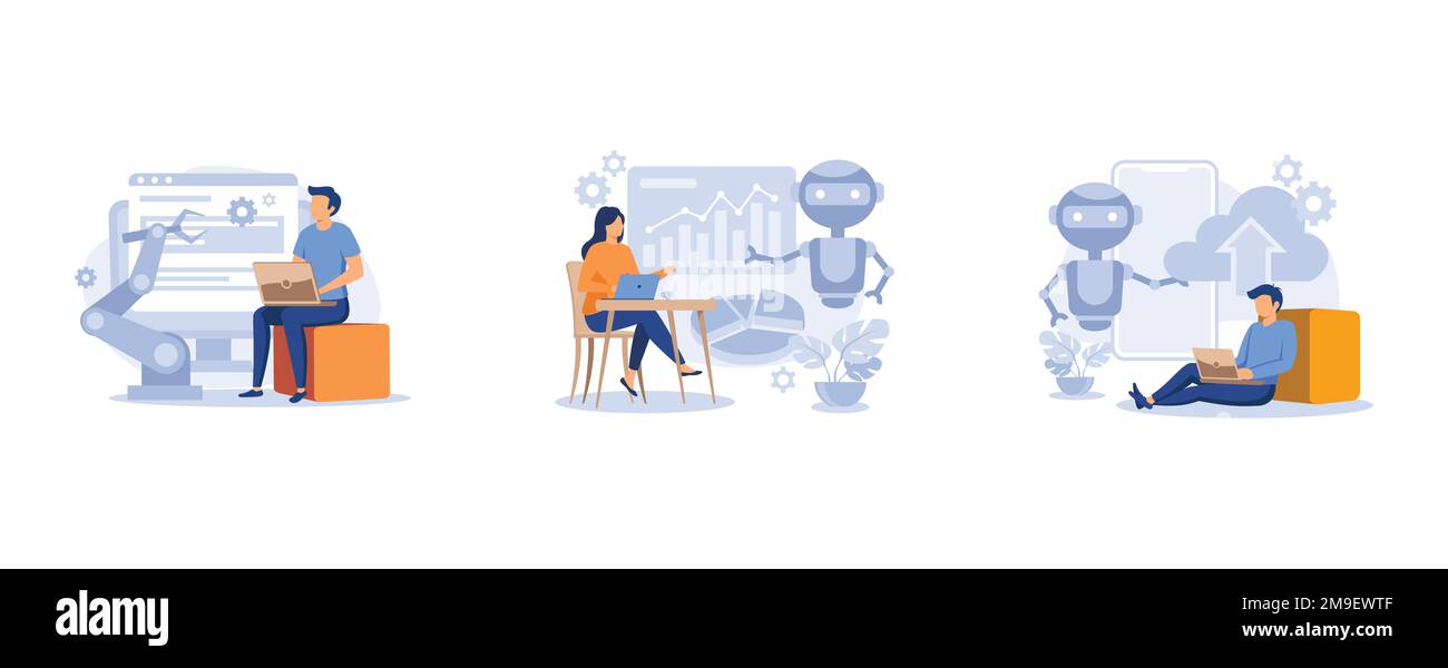 Software basato sull'intelligenza artificiale. Architettura di automazione aperta, automazione dei processi robotici, intelligenza artificiale cloud. imposta disegno vettoriale piatto moderno Illustrazione Vettoriale