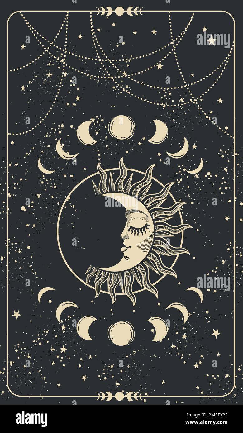 Carta Tarocchi, luna addormentata con un volto su sfondo nero cielo, fasi della luna, mistico sfondo boho per storie, sfondo per astrologia. V Illustrazione Vettoriale
