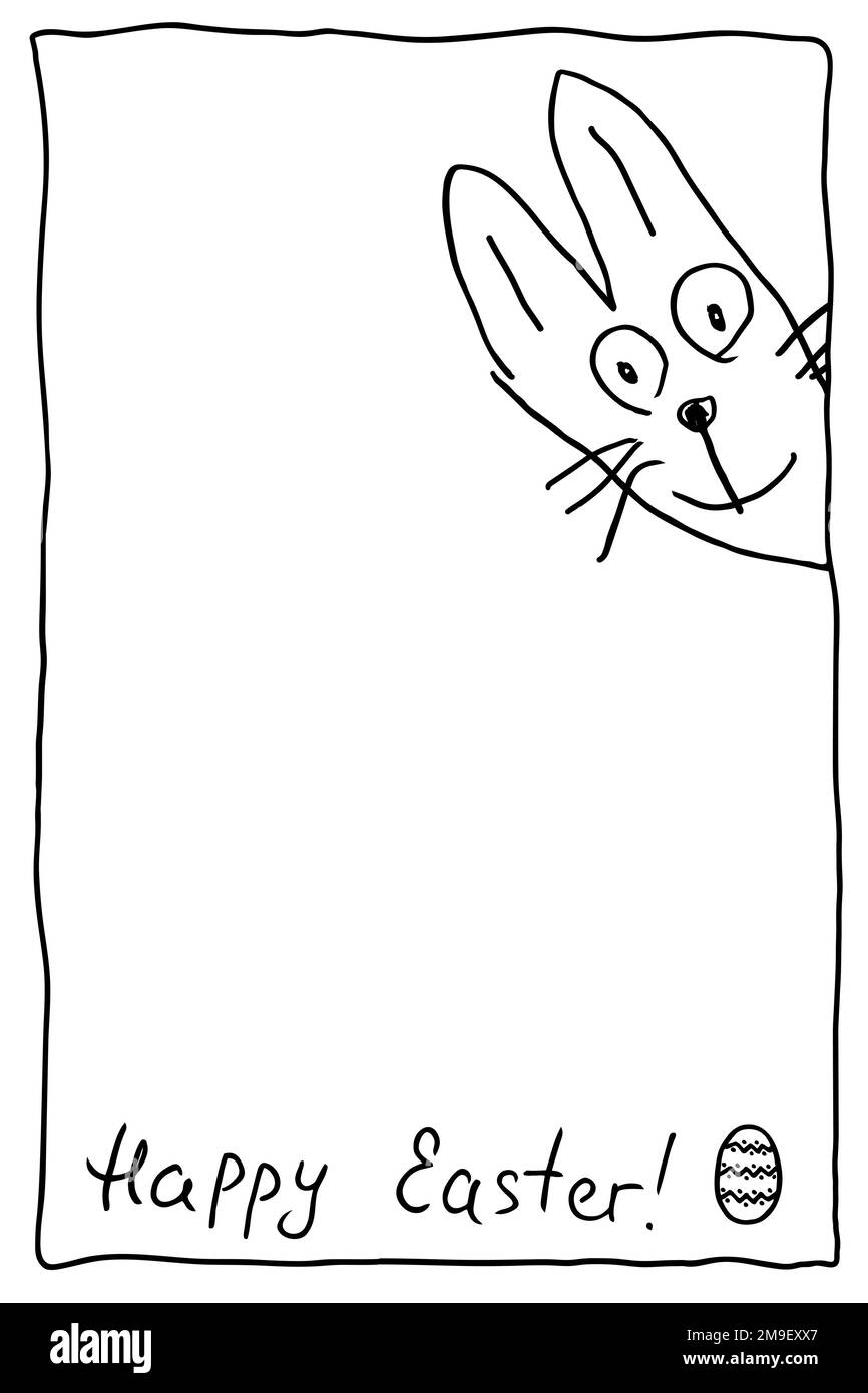 Simpatico coniglietto di Pasqua divertente con la scritta Buona Pasqua. Il coniglietto disegnato a mano guarda fuori dall'angolo. Il testo è scritto in semplice scrittura a mano. Illustrazione Vettoriale