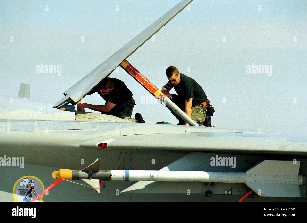 IL SERGENTE dell'aeronautica DEGLI STATI UNITI Randall Aubin e il SSgt Scott Rogan, 2nd personale di manutenzione dello squadrone del combattente, ispezionano una perdita idraulica su un velivolo F-15 assegnato all'ala del combattente 325th, base dell'aeronautica di Tyndall, Florida. Base: Tyndall Air Force base Stato: Florida (FL) Paese: Stati Uniti d'America (USA) Foto Stock