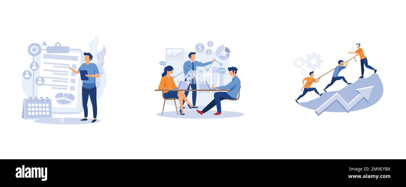 Gestione aziendale. Gestione dei progetti, flusso di lavoro e leadership, cascata e agile, team di sviluppo, software per la produttività. impostare piatto vettore moderno Illustrazione Vettoriale