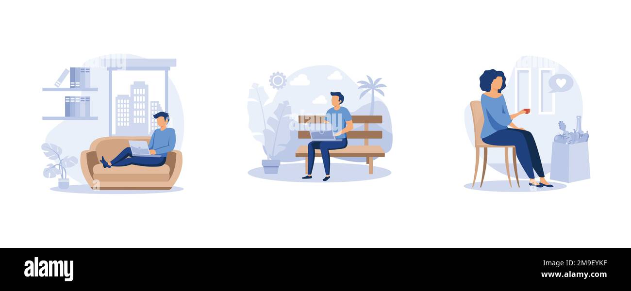 Stile di vita consapevole. Vita semplice, stile di vita minimalista, riduzione delle marce, vita lenta, consumo ridotto, trovare equilibrio, nessuna vita di stress. impostare vettore piatto Illustrazione Vettoriale