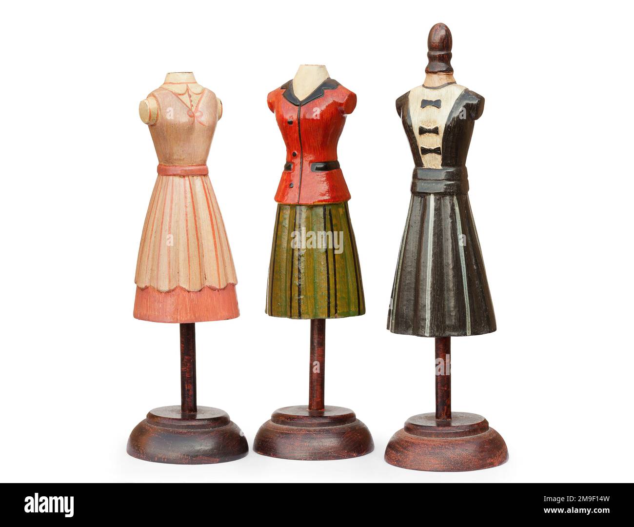 Modelli di moda fittizi in legno su sfondo bianco. Look vintage Foto Stock
