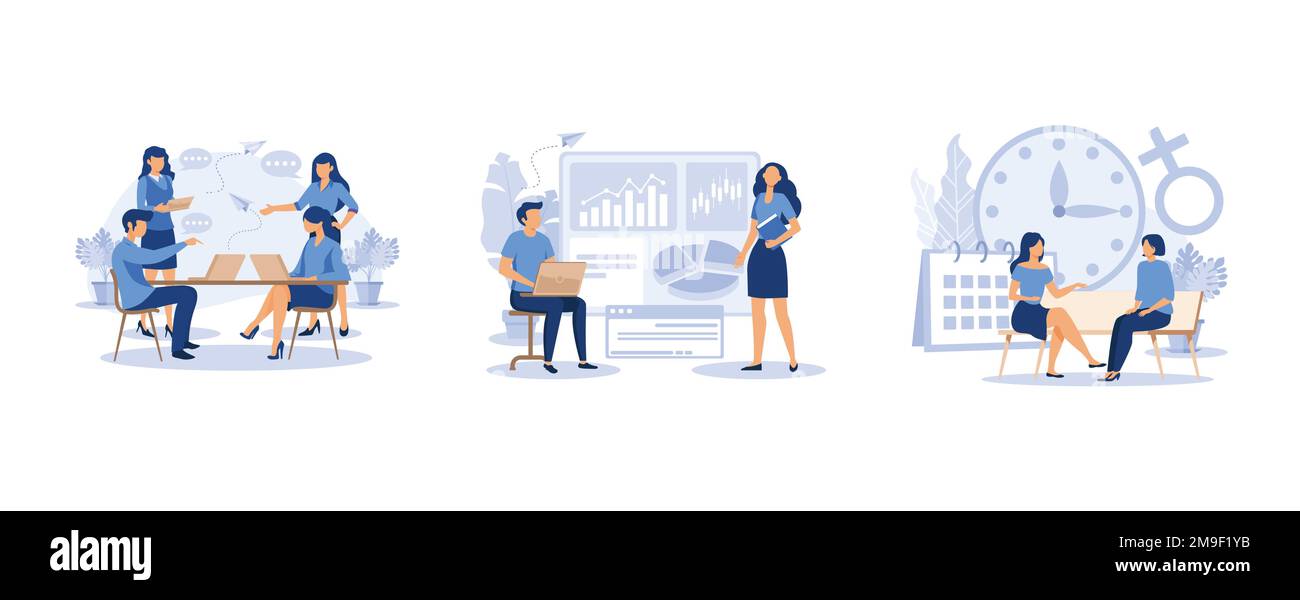 i lavoratori sono seduti al tavolo delle negoziazioni, gli impiegati stanno studiando l'infografica, app per il monitoraggio del ciclo mestruale e dell'ovulazione, si trovano in piano Illustrazione Vettoriale