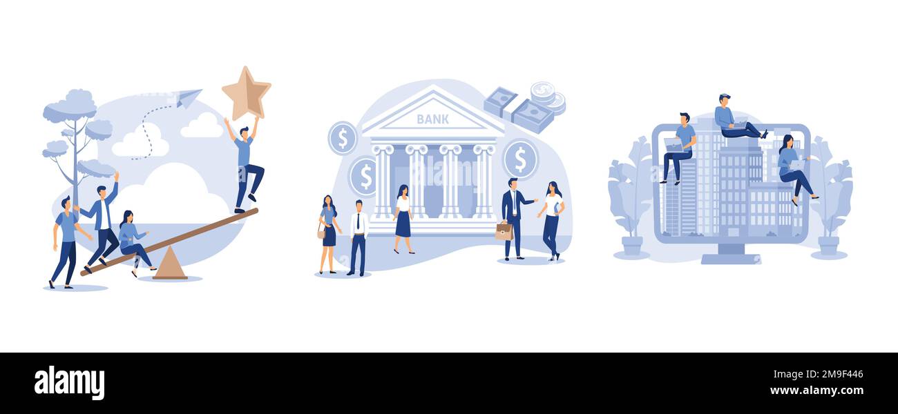 lavoro remoto da casa durante la quarantena online, la costruzione di una banca su uno sfondo bianco, le persone su un altalena e li supera per ottenere una stella dal cielo, Illustrazione Vettoriale