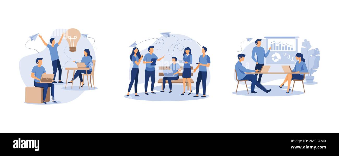 lavorare insieme in azienda, cercare amici, i lavoratori sono seduti al tavolo di negoziazione, impostare piatto vettore moderno illustrazione Illustrazione Vettoriale