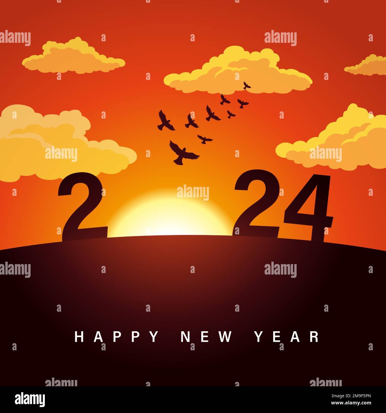 2024 silhouette all'alba. Felice anno nuovo 2024 con cifre sul sorgere del sole e uccelli sulle nuvole sullo sfondo del cielo. Sfondo creativo vettoriale Illustrazione Vettoriale