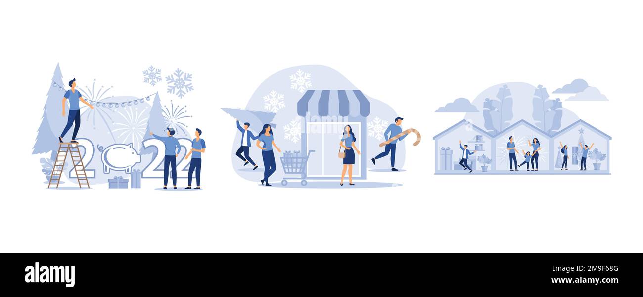 La gente si rallegra e dà il benvenuto al nuovo 2022 anno a casa, pedoni fretta con i regali sul proprio business, l'anno del maiale, impostare piatto vettore moderno Illustrazione Vettoriale