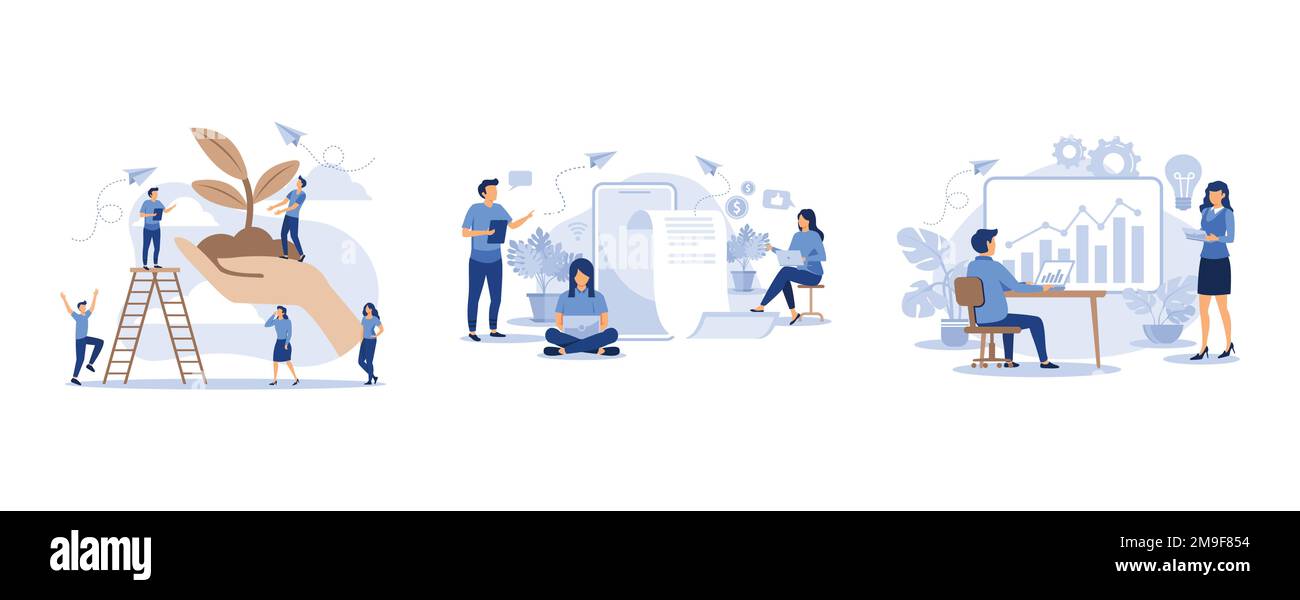 in grande mano la terra con una pianta, la ricerca di informazioni, un dipendente impegnato nella costruzione di colonne di grafici, impostare piatto vettore moderno illus Illustrazione Vettoriale