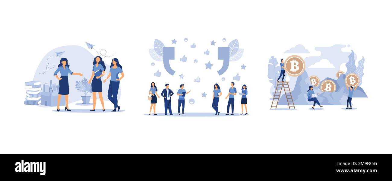 Dipendente sconvolto con una scatola di cose, melenkie persone lasciare online recensioni su prodotti acquistati attraverso Internet, convertitore di valuta, impostare piatto Illustrazione Vettoriale