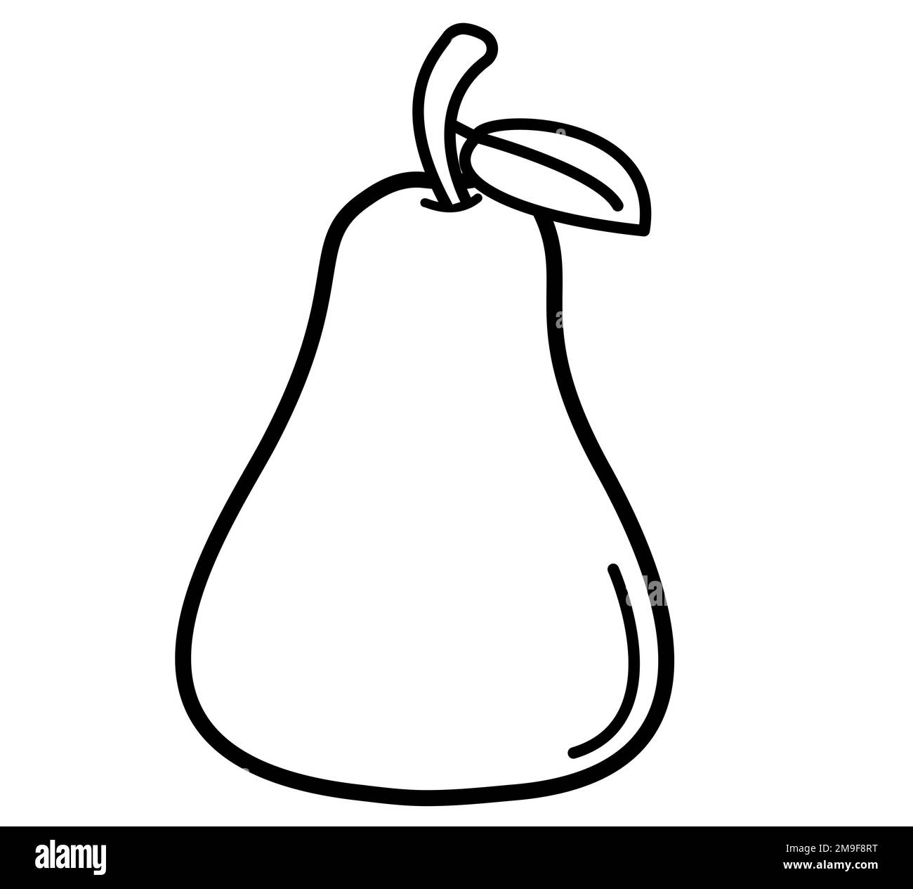 Illustrazione di un frutto di pera senza colore. Disegno di cartone animato, icona di pera. Illustrazione libera. Sfondo bianco con contorno nero. Silhouette senza colore Foto Stock