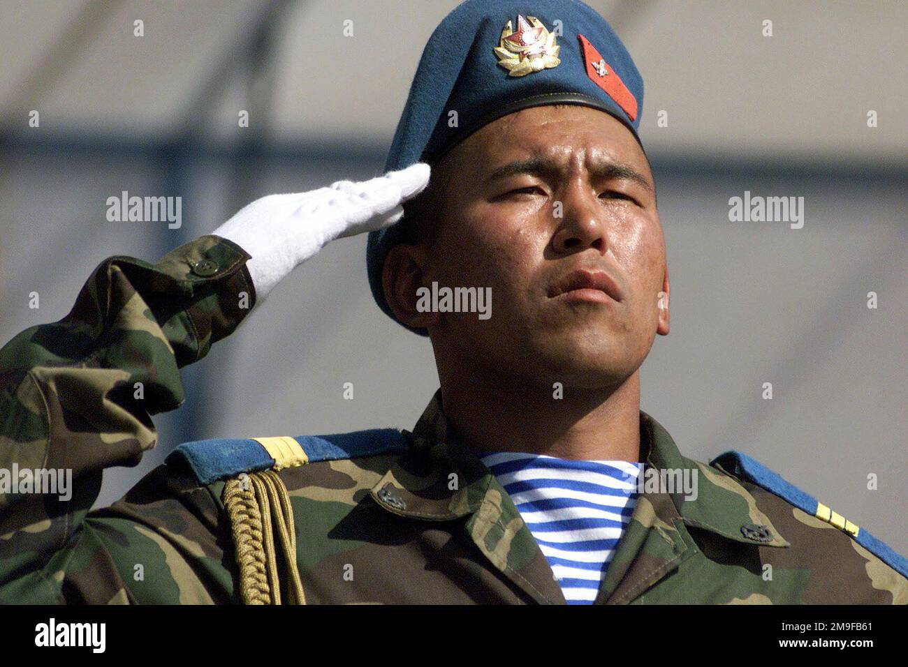 Un soldato del Kazakistan saluta durante le cerimonie di apertura del Battaglione di mantenimento della pace dell'Asia centrale (CENTRASBAT) 2000, Almaty, Kazakistan (KAZ), mercoledì 13 settembre 2000. CENTRASBAT 2000 è un'esercitazione multinazionale di mantenimento della pace e di aiuto umanitario sponsorizzata dal comando centrale degli Stati Uniti (CENTCOM USA) e ospitata dall'ex Repubblica Sovietica Kazakistan in Asia centrale, il 11-20 settembre 2000. I partecipanti all'esercitazione includono circa 300 truppe statunitensi, tra cui personale del CENTCOM USA, della 82nd divisione Airborne dell'Esercito USA, di Fort Bragg, North Carolina, e del 5th Special Forces Group, ft. Camma Foto Stock