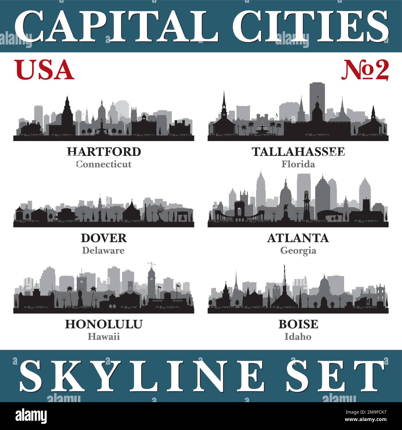 Skyline delle capitali. STATI UNITI. Parte 2. Illustrazione dello sfondo della silhouette vettoriale. Illustrazione Vettoriale
