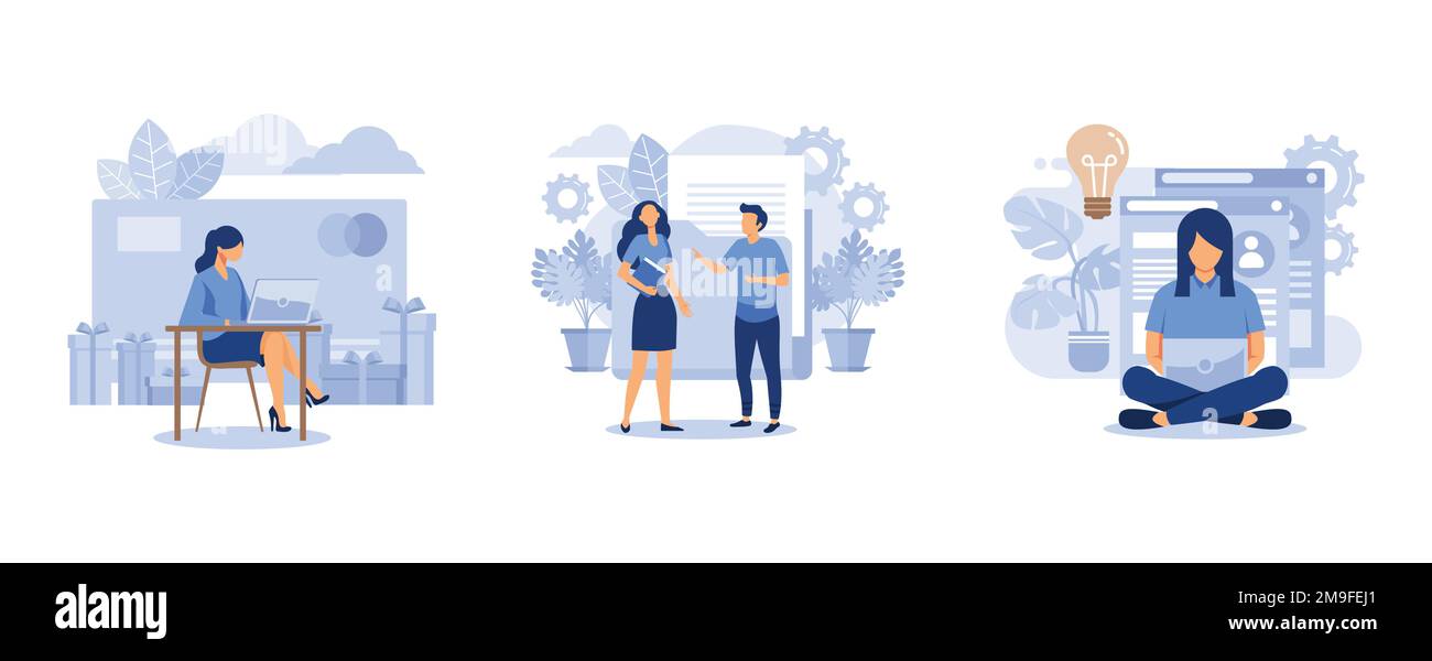 shopping online, elaborazione dei dati, ragazza designer freelance sviluppa l'applicazione di business online onlain borsa e l'investimento, impostare piatto vettore moderno il Illustrazione Vettoriale